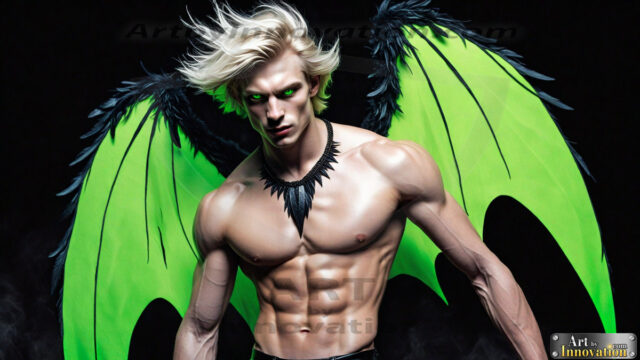 A Dark Angel with huge vibrate feathered wings, enormous and shimmering. Here is a raw, untamed energy that emanates from him. His presence is electrifying, drawing viewers in with his captivating gaze and formidable presence.