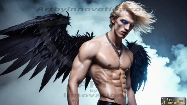 A Dark Angel with huge vibrate feathered wings, enormous and shimmering. Here is a raw, untamed energy that emanates from him. His presence is electrifying, drawing viewers in with his captivating gaze and formidable presence.