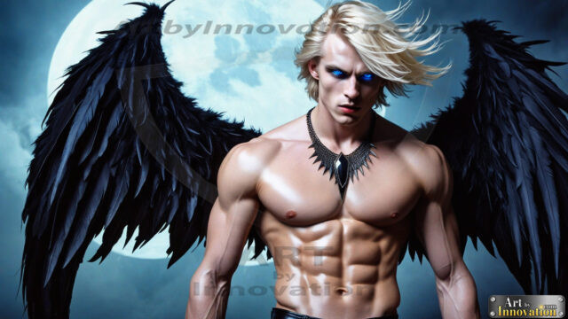 A Dark Angel with huge vibrate feathered wings, enormous and shimmering. Here is a raw, untamed energy that emanates from him. His presence is electrifying, drawing viewers in with his captivating gaze and formidable presence.