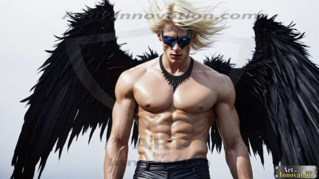 A Dark Angel with huge vibrate feathered wings, enormous and shimmering. Here is a raw, untamed energy that emanates from him. His presence is electrifying, drawing viewers in with his captivating gaze and formidable presence.
