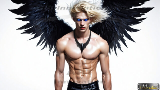 A Dark Angel with huge vibrate feathered wings, enormous and shimmering. Here is a raw, untamed energy that emanates from him. His presence is electrifying, drawing viewers in with his captivating gaze and formidable presence.