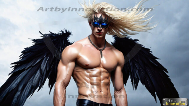 A Dark Angel with huge vibrate feathered wings, enormous and shimmering. Here is a raw, untamed energy that emanates from him. His presence is electrifying, drawing viewers in with his captivating gaze and formidable presence.