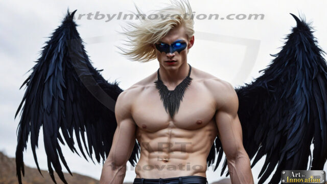 A Dark Angel with huge vibrate feathered wings, enormous and shimmering. Here is a raw, untamed energy that emanates from him. His presence is electrifying, drawing viewers in with his captivating gaze and formidable presence.