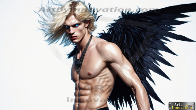A Dark Angel with huge vibrate feathered wings, enormous and shimmering. Here is a raw, untamed energy that emanates from him. His presence is electrifying, drawing viewers in with his captivating gaze and formidable presence.