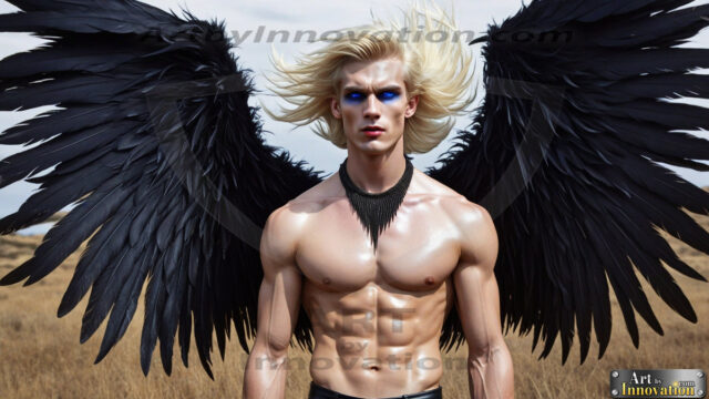 A Dark Angel with huge vibrate feathered wings, enormous and shimmering. Here is a raw, untamed energy that emanates from him. His presence is electrifying, drawing viewers in with his captivating gaze and formidable presence.