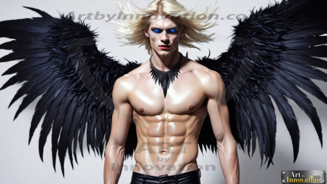 A Dark Angel with huge vibrate feathered wings, enormous and shimmering. Here is a raw, untamed energy that emanates from him. His presence is electrifying, drawing viewers in with his captivating gaze and formidable presence.