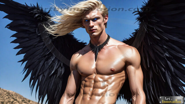 A Dark Angel with huge vibrate feathered wings, enormous and shimmering. Here is a raw, untamed energy that emanates from him. His presence is electrifying, drawing viewers in with his captivating gaze and formidable presence.