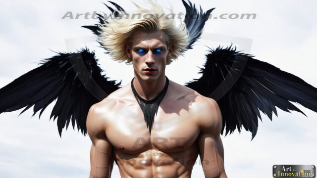 A Dark Angel with huge vibrate feathered wings, enormous and shimmering. Here is a raw, untamed energy that emanates from him. His presence is electrifying, drawing viewers in with his captivating gaze and formidable presence.