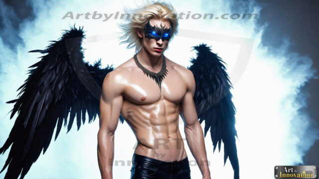 A Dark Angel with huge vibrate feathered wings, enormous and shimmering. Here is a raw, untamed energy that emanates from him. His presence is electrifying, drawing viewers in with his captivating gaze and formidable presence.