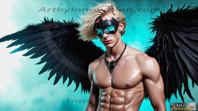 A Dark Angel with huge vibrate feathered wings, enormous and shimmering. Here is a raw, untamed energy that emanates from him. His presence is electrifying, drawing viewers in with his captivating gaze and formidable presence.
