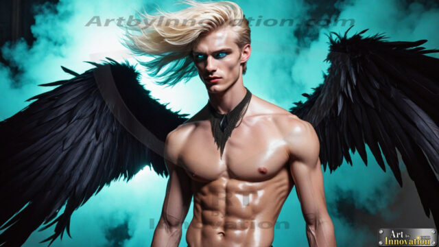 A Dark Angel with huge vibrate feathered wings, enormous and shimmering. Here is a raw, untamed energy that emanates from him. His presence is electrifying, drawing viewers in with his captivating gaze and formidable presence.