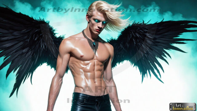A Dark Angel with huge vibrate feathered wings, enormous and shimmering. Here is a raw, untamed energy that emanates from him. His presence is electrifying, drawing viewers in with his captivating gaze and formidable presence.