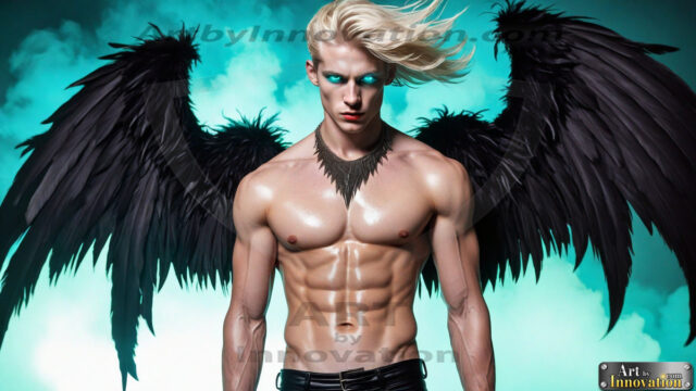 A Dark Angel with huge vibrate feathered wings, enormous and shimmering. Here is a raw, untamed energy that emanates from him. His presence is electrifying, drawing viewers in with his captivating gaze and formidable presence.
