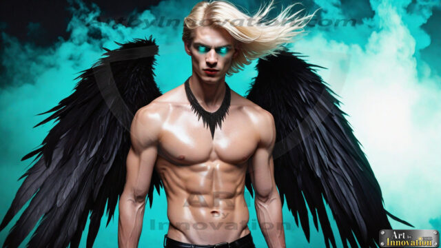 A Dark Angel with huge vibrate feathered wings, enormous and shimmering. Here is a raw, untamed energy that emanates from him. His presence is electrifying, drawing viewers in with his captivating gaze and formidable presence.
