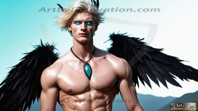 A Dark Angel with huge vibrate feathered wings, enormous and shimmering. Here is a raw, untamed energy that emanates from him. His presence is electrifying, drawing viewers in with his captivating gaze and formidable presence.