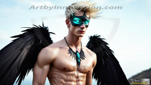 A Dark Angel with huge vibrate feathered wings, enormous and shimmering. Here is a raw, untamed energy that emanates from him. His presence is electrifying, drawing viewers in with his captivating gaze and formidable presence.