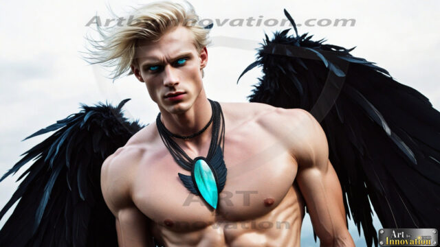 A Dark Angel with huge vibrate feathered wings, enormous and shimmering. Here is a raw, untamed energy that emanates from him. His presence is electrifying, drawing viewers in with his captivating gaze and formidable presence.