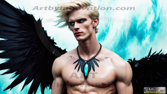 A Dark Angel with huge vibrate feathered wings, enormous and shimmering. Here is a raw, untamed energy that emanates from him. His presence is electrifying, drawing viewers in with his captivating gaze and formidable presence.