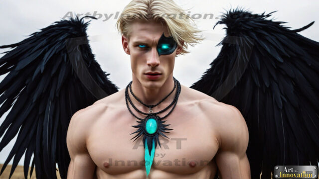 A Dark Angel with huge vibrate feathered wings, enormous and shimmering. Here is a raw, untamed energy that emanates from him. His presence is electrifying, drawing viewers in with his captivating gaze and formidable presence.