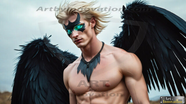 A Dark Angel with huge vibrate feathered wings, enormous and shimmering. Here is a raw, untamed energy that emanates from him. His presence is electrifying, drawing viewers in with his captivating gaze and formidable presence.