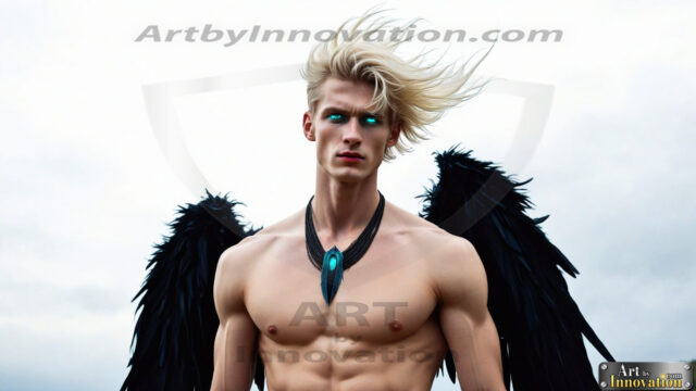 A Dark Angel with huge vibrate feathered wings, enormous and shimmering. Here is a raw, untamed energy that emanates from him. His presence is electrifying, drawing viewers in with his captivating gaze and formidable presence.