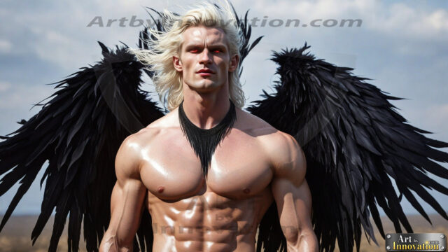 A Dark Angel with huge vibrate feathered wings, enormous and shimmering. Here is a raw, untamed energy that emanates from him. His presence is electrifying, drawing viewers in with his captivating gaze and formidable presence.