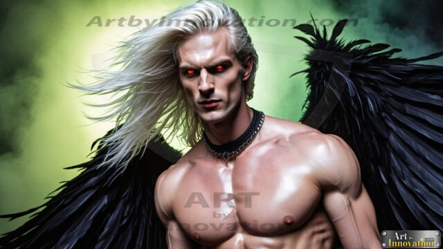 A Dark Angel with huge vibrate feathered wings, enormous and shimmering. Here is a raw, untamed energy that emanates from him. His presence is electrifying, drawing viewers in with his captivating gaze and formidable presence.