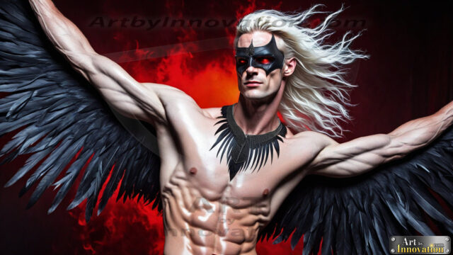 A Dark Angel with huge vibrate feathered wings, enormous and shimmering. Here is a raw, untamed energy that emanates from him. His presence is electrifying, drawing viewers in with his captivating gaze and formidable presence.