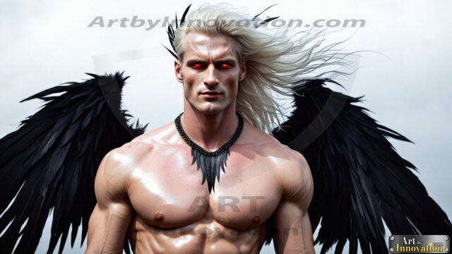 A Dark Angel with huge vibrate feathered wings, enormous and shimmering. Here is a raw, untamed energy that emanates from him. His presence is electrifying, drawing viewers in with his captivating gaze and formidable presence.