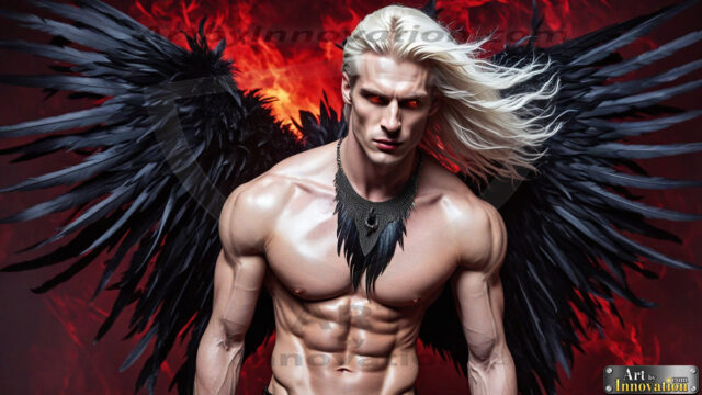 A Dark Angel with huge vibrate feathered wings, enormous and shimmering. Here is a raw, untamed energy that emanates from him. His presence is electrifying, drawing viewers in with his captivating gaze and formidable presence.