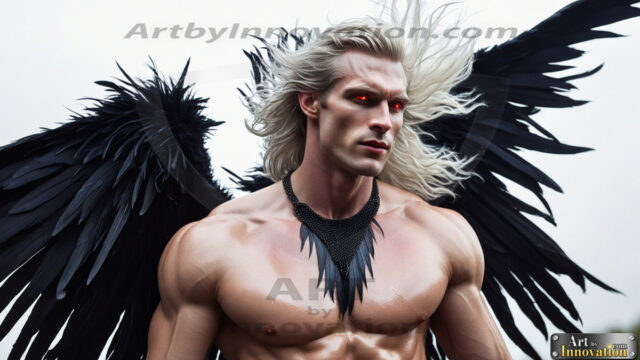 A Dark Angel with huge vibrate feathered wings, enormous and shimmering. Here is a raw, untamed energy that emanates from him. His presence is electrifying, drawing viewers in with his captivating gaze and formidable presence.
