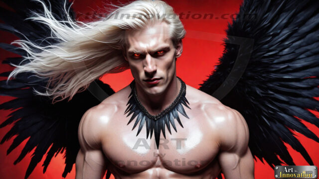 A Dark Angel with huge vibrate feathered wings, enormous and shimmering. Here is a raw, untamed energy that emanates from him. His presence is electrifying, drawing viewers in with his captivating gaze and formidable presence.