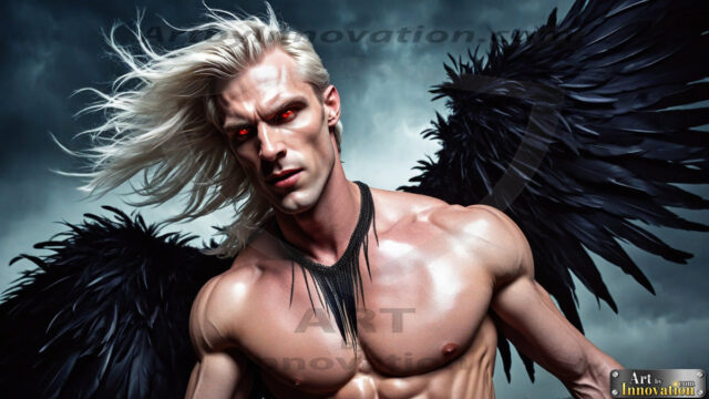 A Dark Angel with huge vibrate feathered wings, enormous and shimmering. Here is a raw, untamed energy that emanates from him. His presence is electrifying, drawing viewers in with his captivating gaze and formidable presence.