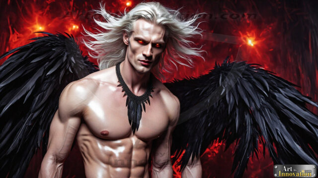 A Dark Angel with huge vibrate feathered wings, enormous and shimmering. Here is a raw, untamed energy that emanates from him. His presence is electrifying, drawing viewers in with his captivating gaze and formidable presence.