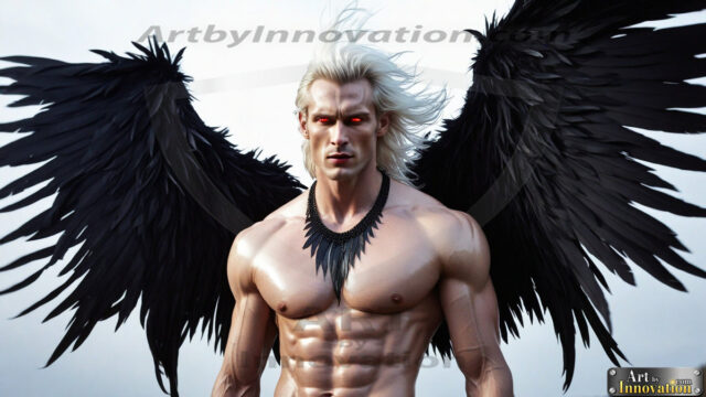 A Dark Angel with huge vibrate feathered wings, enormous and shimmering. Here is a raw, untamed energy that emanates from him. His presence is electrifying, drawing viewers in with his captivating gaze and formidable presence.