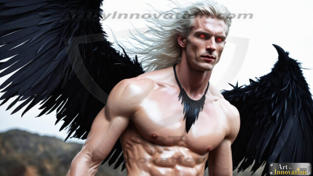 A Dark Angel with huge vibrate feathered wings, enormous and shimmering. Here is a raw, untamed energy that emanates from him. His presence is electrifying, drawing viewers in with his captivating gaze and formidable presence.