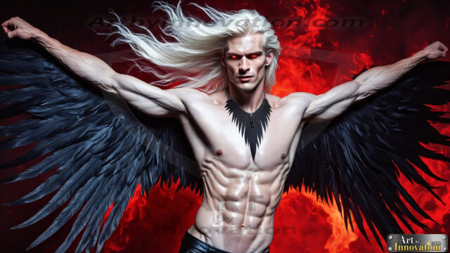 A Dark Angel with huge vibrate feathered wings, enormous and shimmering. Here is a raw, untamed energy that emanates from him. His presence is electrifying, drawing viewers in with his captivating gaze and formidable presence.