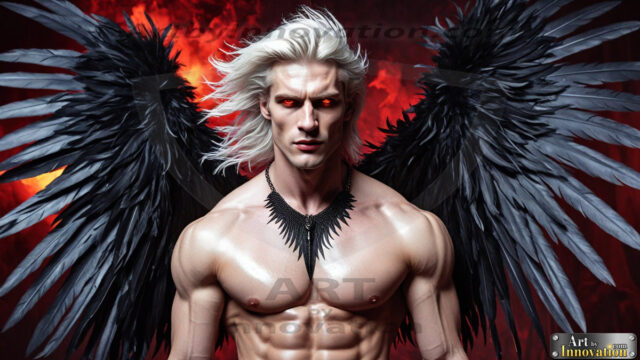 A Dark Angel with huge vibrate feathered wings, enormous and shimmering. Here is a raw, untamed energy that emanates from him. His presence is electrifying, drawing viewers in with his captivating gaze and formidable presence.
