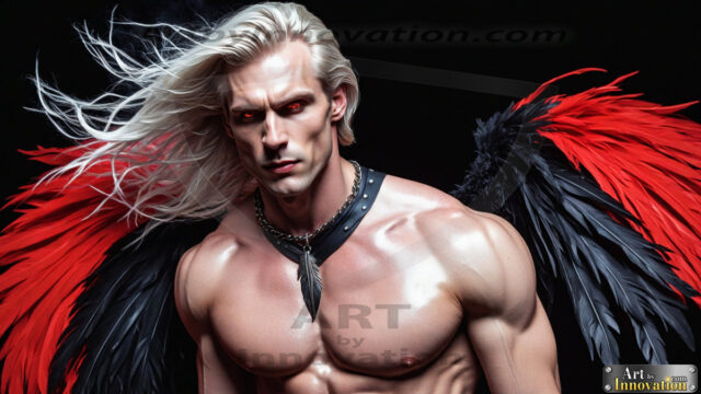 A Dark Angel with huge vibrate feathered wings, enormous and shimmering. Here is a raw, untamed energy that emanates from him. His presence is electrifying, drawing viewers in with his captivating gaze and formidable presence.