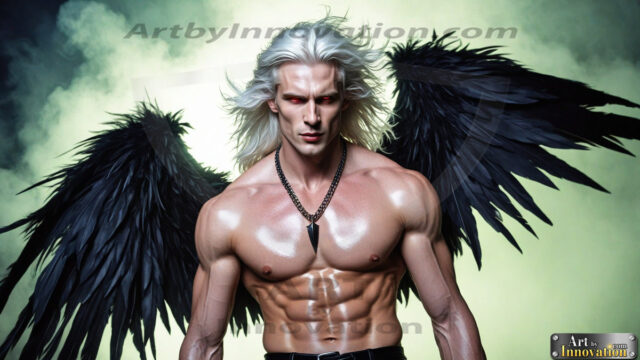 A Dark Angel with huge vibrate feathered wings, enormous and shimmering. Here is a raw, untamed energy that emanates from him. His presence is electrifying, drawing viewers in with his captivating gaze and formidable presence.