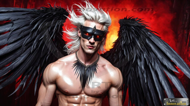 A Dark Angel with huge vibrate feathered wings, enormous and shimmering. Here is a raw, untamed energy that emanates from him. His presence is electrifying, drawing viewers in with his captivating gaze and formidable presence.