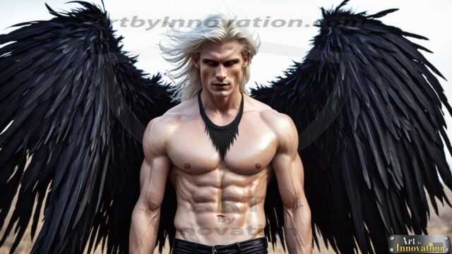 A Dark Angel with huge vibrate feathered wings, enormous and shimmering. Here is a raw, untamed energy that emanates from him. His presence is electrifying, drawing viewers in with his captivating gaze and formidable presence.