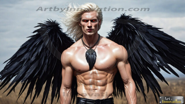 A Dark Angel with huge vibrate feathered wings, enormous and shimmering. Here is a raw, untamed energy that emanates from him. His presence is electrifying, drawing viewers in with his captivating gaze and formidable presence.