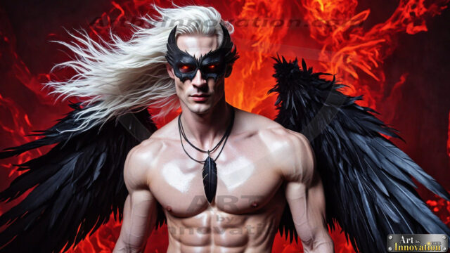 A Dark Angel with huge vibrate feathered wings, enormous and shimmering. Here is a raw, untamed energy that emanates from him. His presence is electrifying, drawing viewers in with his captivating gaze and formidable presence.