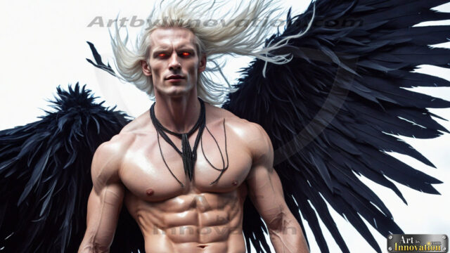 A Dark Angel with huge vibrate feathered wings, enormous and shimmering. Here is a raw, untamed energy that emanates from him. His presence is electrifying, drawing viewers in with his captivating gaze and formidable presence.