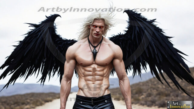 A Dark Angel with huge vibrate feathered wings, enormous and shimmering. Here is a raw, untamed energy that emanates from him. His presence is electrifying, drawing viewers in with his captivating gaze and formidable presence.
