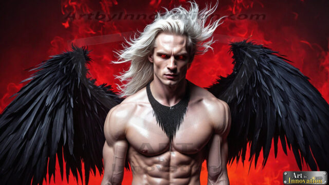 A Dark Angel with huge vibrate feathered wings, enormous and shimmering. Here is a raw, untamed energy that emanates from him. His presence is electrifying, drawing viewers in with his captivating gaze and formidable presence.