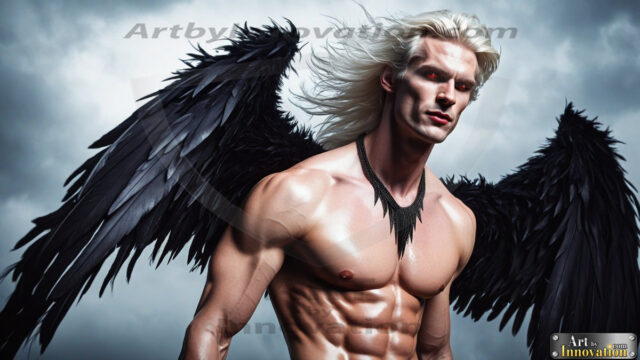 A Dark Angel with huge vibrate feathered wings, enormous and shimmering. Here is a raw, untamed energy that emanates from him. His presence is electrifying, drawing viewers in with his captivating gaze and formidable presence.