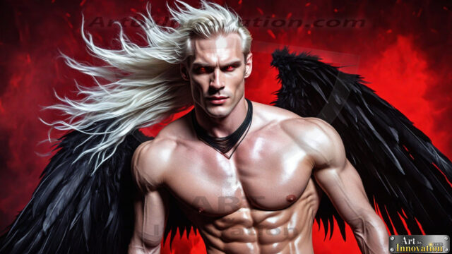 A Dark Angel with huge vibrate feathered wings, enormous and shimmering. Here is a raw, untamed energy that emanates from him. His presence is electrifying, drawing viewers in with his captivating gaze and formidable presence.