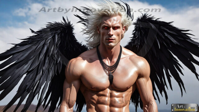 A Dark Angel with huge vibrate feathered wings, enormous and shimmering. Here is a raw, untamed energy that emanates from him. His presence is electrifying, drawing viewers in with his captivating gaze and formidable presence.